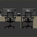 Dual Computer Monitors Setup With Office Desks Chairs Globe Pen Holder And Cup 3d model