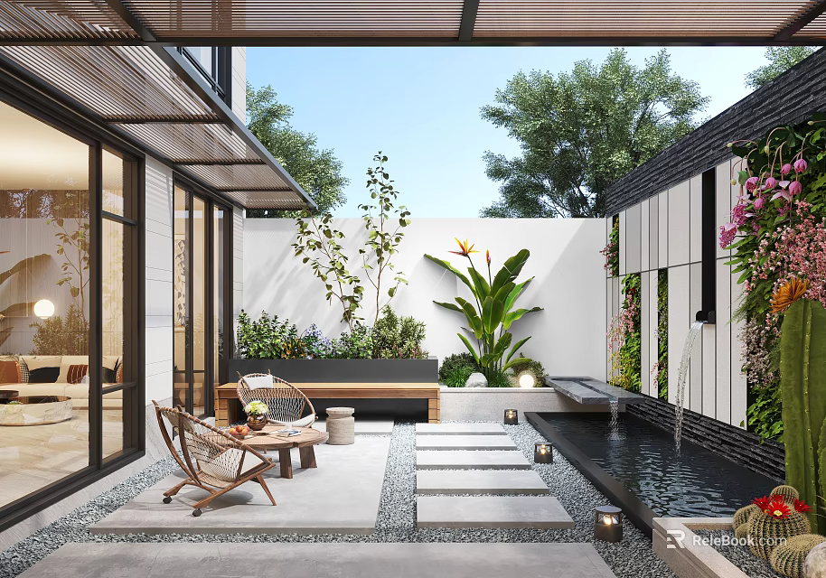 Serene Courtyard Garden With Outdoor Lounge Furniture Lush Green Plants Stone Pathway And Water Feature 3d model 
