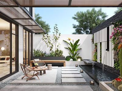 Serene Courtyard Garden With Outdoor Lounge Furniture Lush Green Plants Stone Pathway And Water Feature 3d model