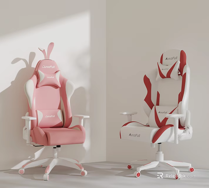 Pink And White AutoFull Gaming Chairs With Rabbit Ear Design Ergonomic Seats And Adjustable Features 3d model 