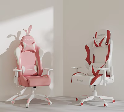 Pink And White AutoFull Gaming Chairs With Rabbit Ear Design Ergonomic Seats And Adjustable Features 3d model
