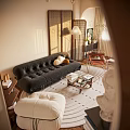 Modern Living Dining Room Interior With Wooden Furniture White Armchair Stacked Books And Pendant Lights