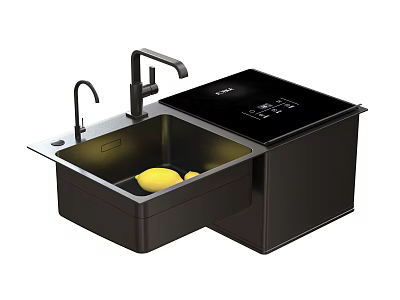 Modern Black Kitchen Sink With Integrated Smart Appliance Faucet And Lemons 3d model