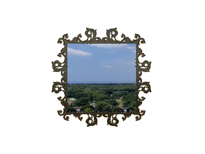 Ornate Framed Square Mirror Reflecting Blue Sky White Clouds And Green Trees Outdoor View 3d model