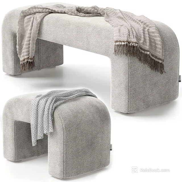 Gray Upholstered Ottoman Bench With Fringed Throw Blanket And Minimalist Design 3d model 