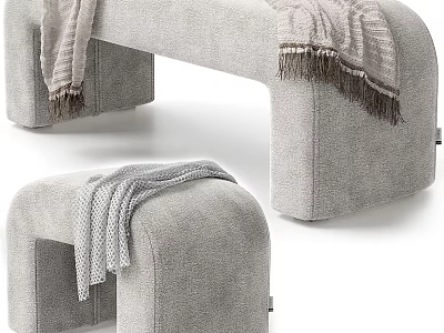Gray Upholstered Ottoman Bench With Fringed Throw Blanket And Minimalist Design 3d model