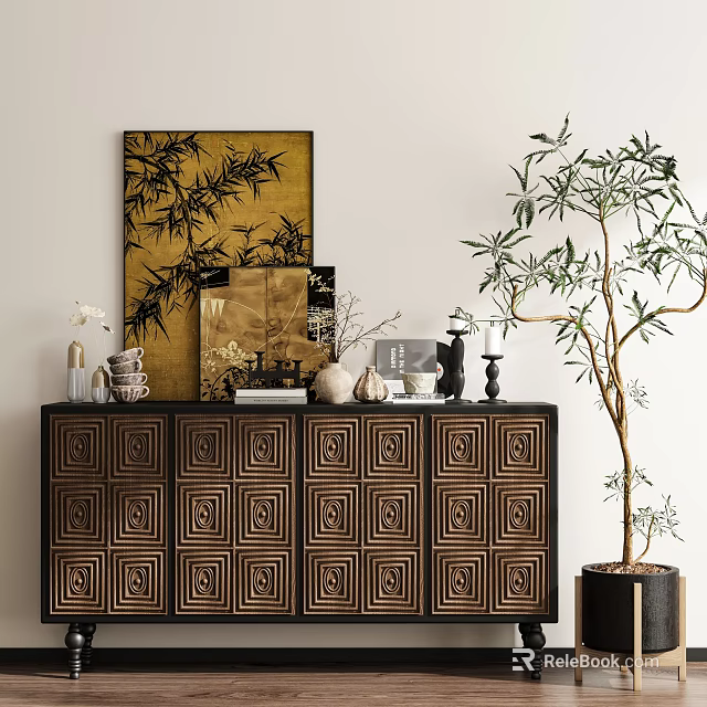 Dark Wood Entryway Console Table with Geometric Pattern Doors Decor Items and Bamboo Painting 3d model 