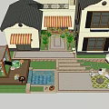 Charming Garden Courtyard With Striped Awnings Greenery Covered Walls Colorful Flowers Pool And Stone Steps
