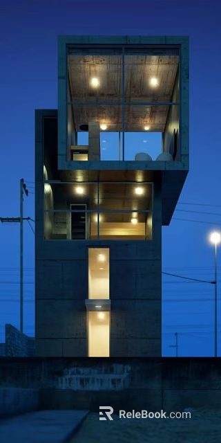 Modern Concrete Building Exterior With Glass Windows And Illuminated Balconies At Night 3d model 