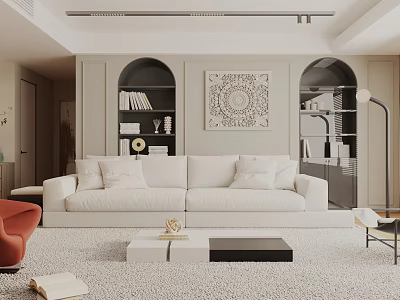 Modern Living Room With White Sofa Red Accent Chair Arched Shelves And Decorative Wall Art 3d model