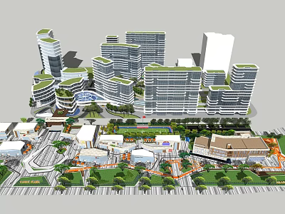 Modern Commercial Street Urban Design With Modern Buildings Greenery And Pedestrian Areas 3d model