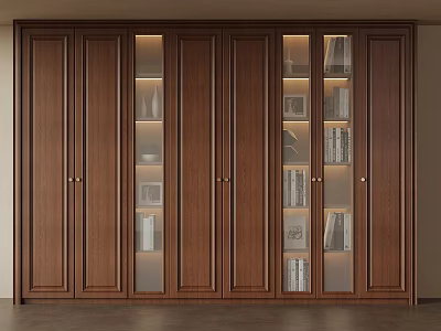 Modern Wooden Cabinet With Glass Doors Displaying Books And Decorative Vases 3d model