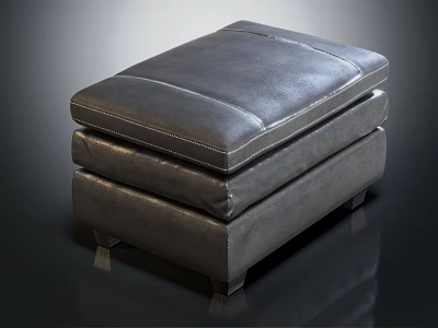 Dark Gray Leather Padded Stool With Layered Design Stitching Details And Wooden Legs 3d model