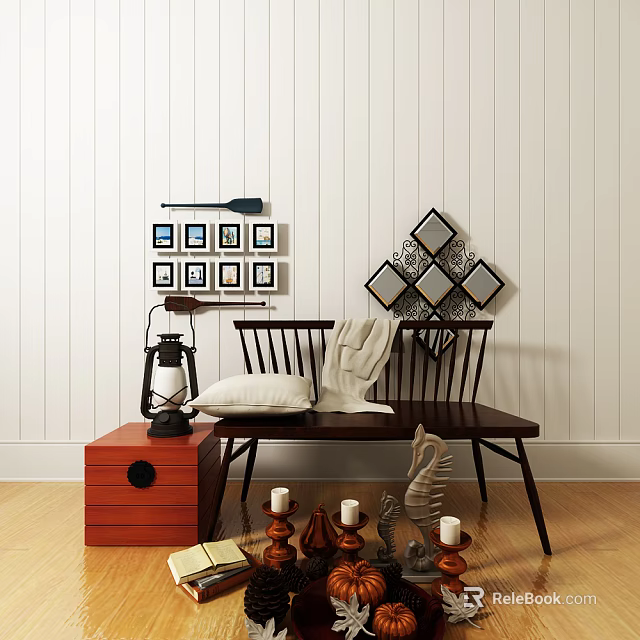 Stylish Leisure Bench with Pillow Throw Blanket and Decorative Frames on White Wood Panel Wall 3d model 