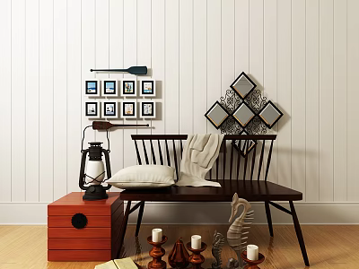 Stylish Leisure Bench with Pillow Throw Blanket and Decorative Frames on White Wood Panel Wall 3d model