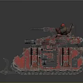 Red Battle Tank With Heavy Armor Tracks Turret Front Plow And Mechanical Details