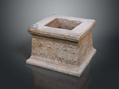 Ancient Stone Square Container With Carved Human Figures And Decorative Base 3d model