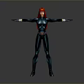 Woman with red hair wearing blue tight suit and black belt arms outstretched
