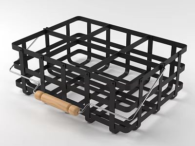 Black Metal Frame Storage Basket With Wooden Handles And Grid Design For Home Organizing 3d model