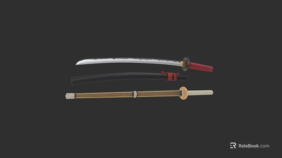 Traditional Japanese Katana Weapon With Black Red Sheath And Wooden Handle 3d model 
