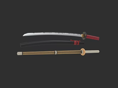 Traditional Japanese Katana Weapon With Black Red Sheath And Wooden Handle 3d model