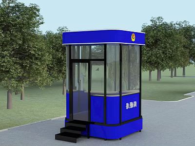 Blue Outdoor Security Booth With Glass Windows And Steps Surrounded By Trees 3d model