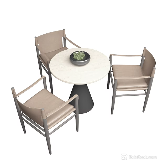 Stylish Round Table With White Surface Black Base And Armchairs Featuring Light Brown Seats 3d model