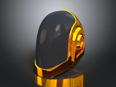 3D Rendered Black And Gold Helmet With Glossy Surface Metallic Frame Reflective Base 3d model