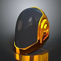 3D Rendered Black And Gold Helmet With Glossy Surface Metallic Frame Reflective Base