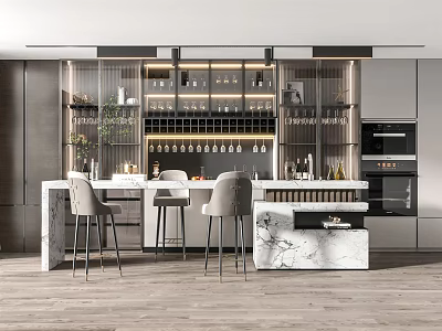 Modern Bar Counter Area With Marble Top Wine Rack And Gray Bar Stools 3d model