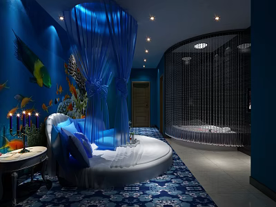 Romantic Blue Themed Hotel Room Interior With Round Bed Blue Canopy Fish Murals And Bathtub 3d model