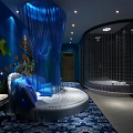 Romantic Blue Themed Hotel Room Interior With Round Bed Blue Canopy Fish Murals And Bathtub