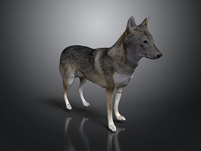 Realistic 3D Model of Wolf Dog Standing on Dark Background With Reflection 3d model