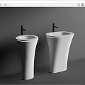 Two White Pedestal Washbasins With Black Faucets On Grey Background