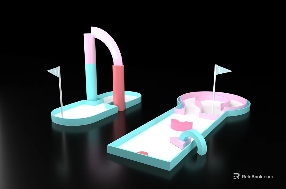 Colorful Mini Golf Course Design With Pink Blue Arches Flags And Structures 3d model 
