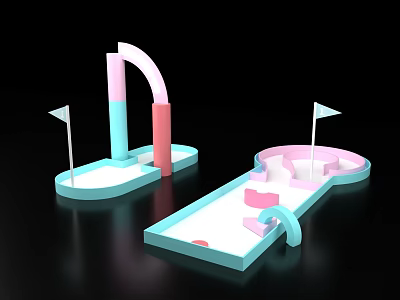 Colorful Mini Golf Course Design With Pink Blue Arches Flags And Structures 3d model