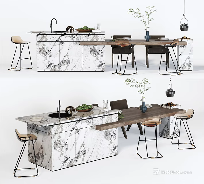 Modern Dining Table Set Interior With Marble Island Counter And Stools 3d model