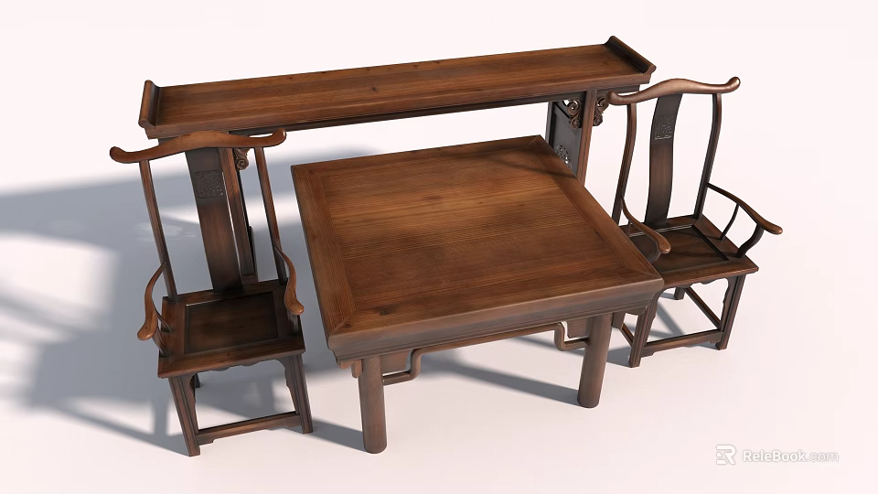 Traditional Chinese Wooden Dining Table Set With Two Chairs And Side Table 3d model 