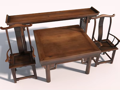 Traditional Chinese Wooden Dining Table Set With Two Chairs And Side Table 3d model