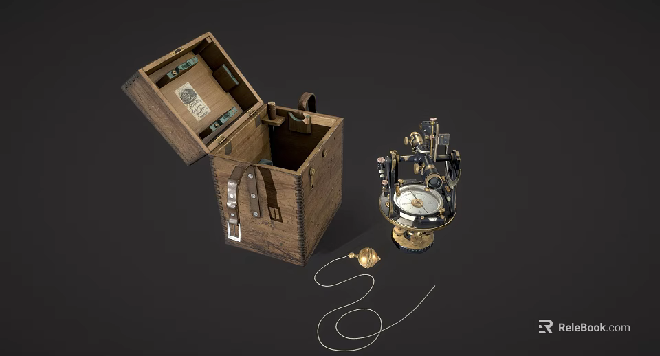 Open Vintage Wooden Box With Leather Straps And Navigation Instrument Parts 3d model 