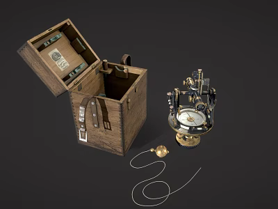 Open Vintage Wooden Box With Leather Straps And Navigation Instrument Parts 3d model