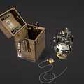 Open Vintage Wooden Box With Leather Straps And Navigation Instrument Parts
