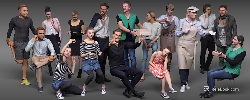 Diverse Group of People Posing Together in Casual Clothing and Various Poses 3d model 
