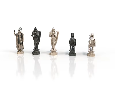 Black And Silver Chess Pieces With Intricate Design On Reflective White Surface 3d model