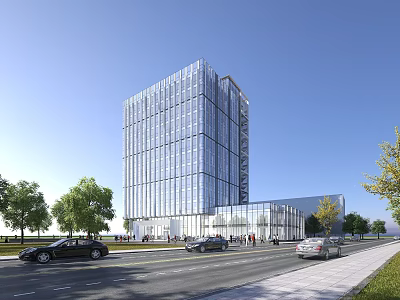 Modern Glass Curtain Wall Office Building Surrounded By Trees Roads And Cars Under Blue Sky 3d model