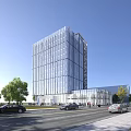 Modern Glass Curtain Wall Office Building Surrounded By Trees Roads And Cars Under Blue Sky