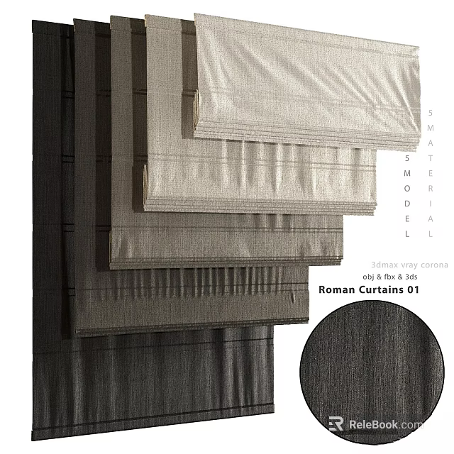 Stylish Roman Curtains In Neutral Gray Tones With Textured Fabric Design Styles 3d model 