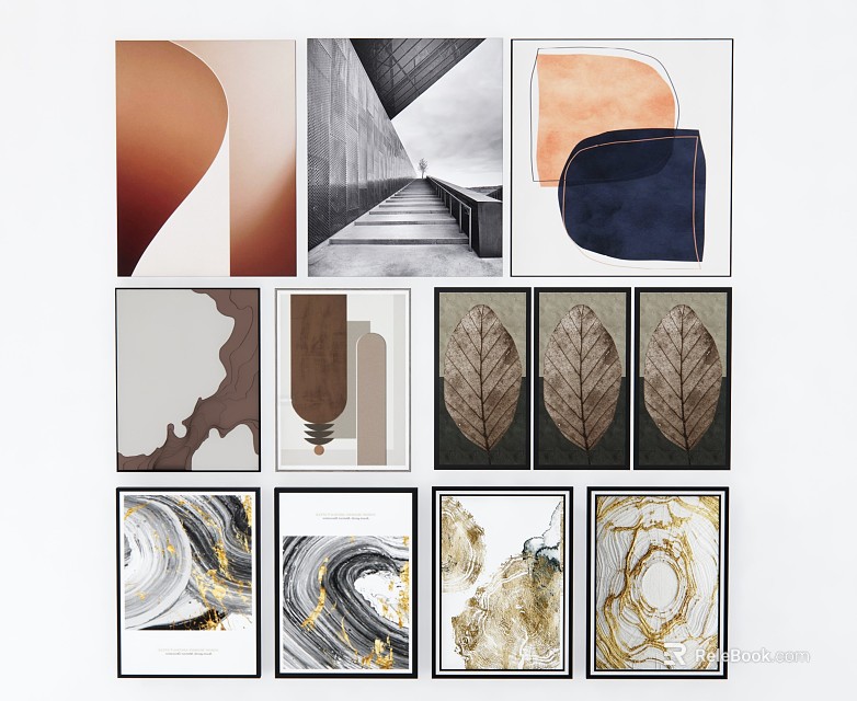 Modern Minimalist Wall Art Prints with Abstract Shapes Leaf Patterns and Marble Textures 3d model 