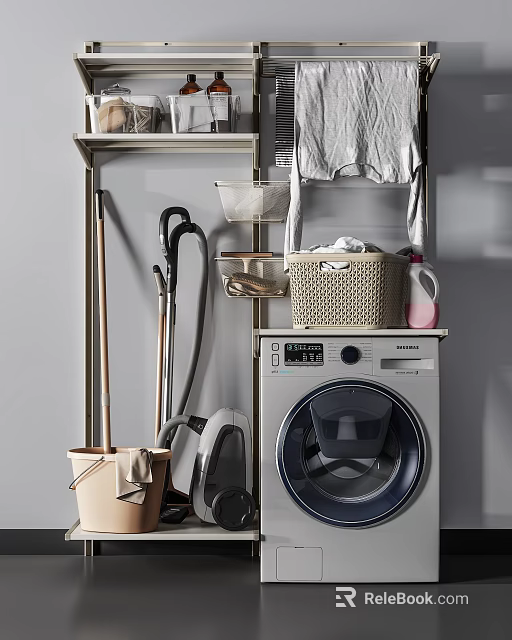 Bathroom Storage Rack With Washing Machine Mop Vacuum Cleaner And Storage Baskets 3d model 