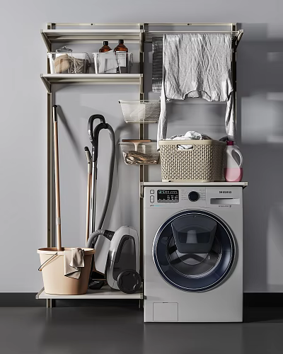 Bathroom Storage Rack With Washing Machine Mop Vacuum Cleaner And Storage Baskets 3d model